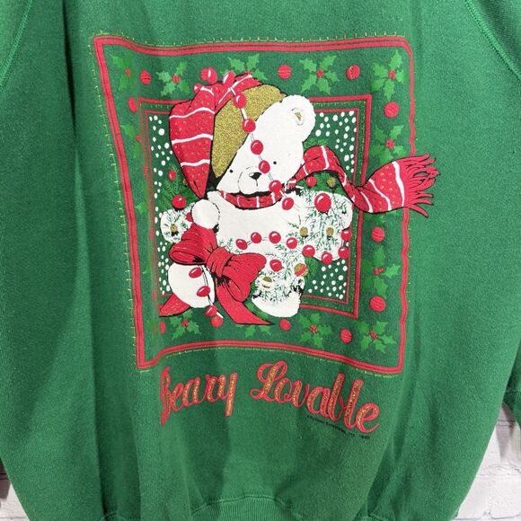 Vintage 90's Christmas Sweatshirt Beary Lovable Women XL Green USA Ugly Sweater - Picture 4 of 12
